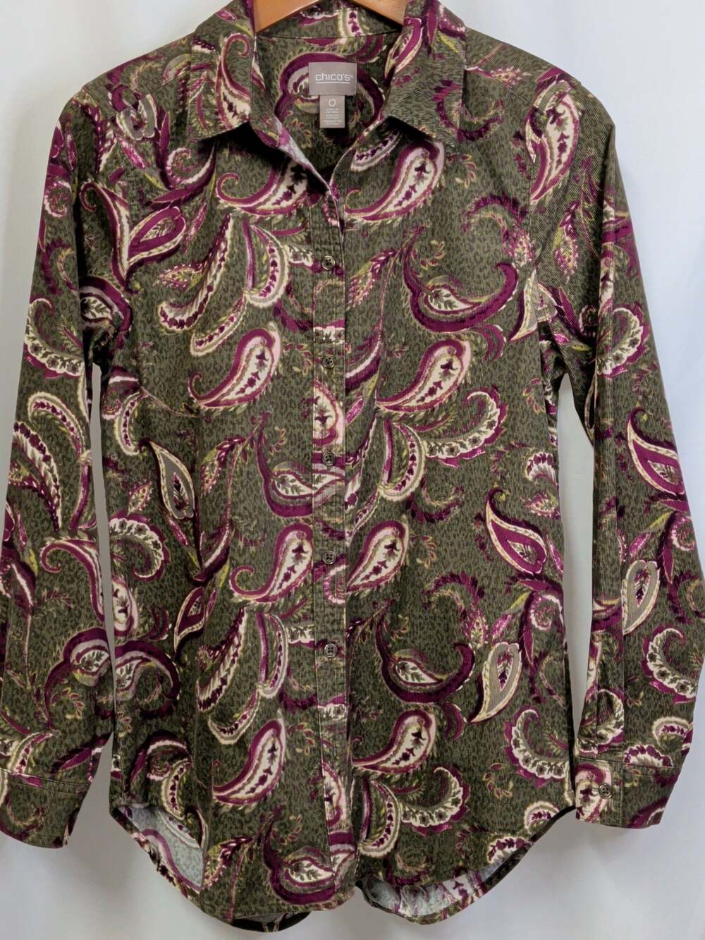 Chico's Olive Green Maroon Paisley Corduroy Button Up Long Sleeve Size Small